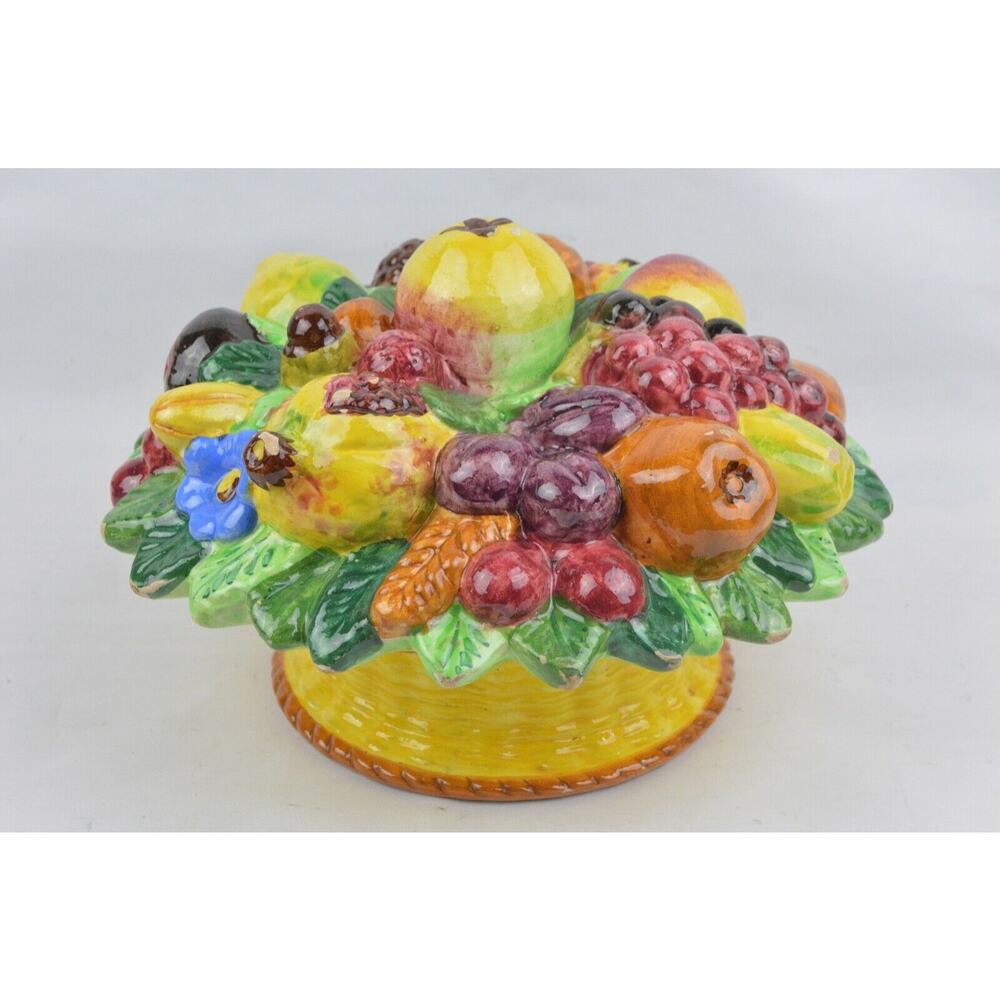 Italian Majolica Ceramic Fruit Basket Canister Jar Lid Centerpiece Antique